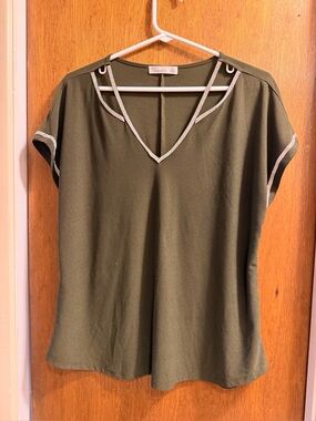 Madison Olive Green V-Neck Top with Contrast Trim
